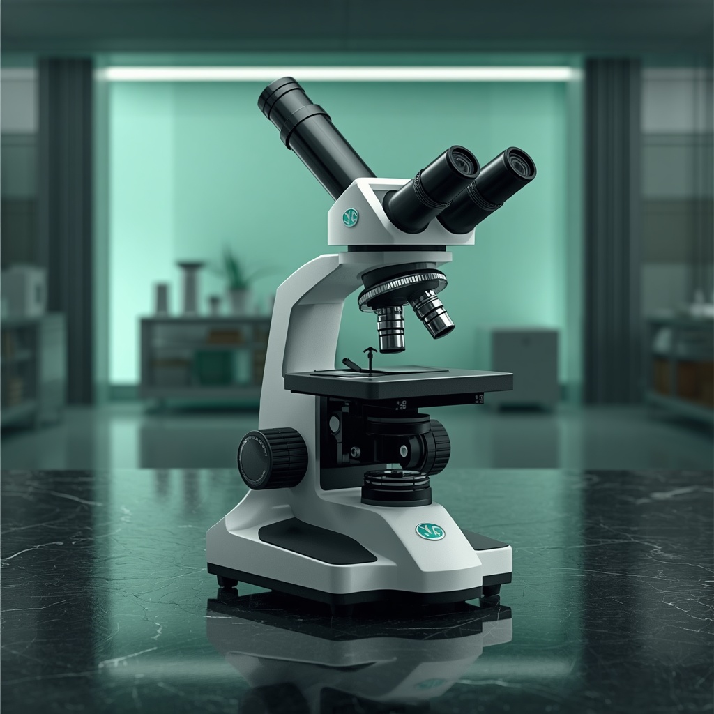 generate an image of a sleek modern microscope in a clean scientific environment, dark graphite surface, mint green ambient backlight, extremely detailed, no humans